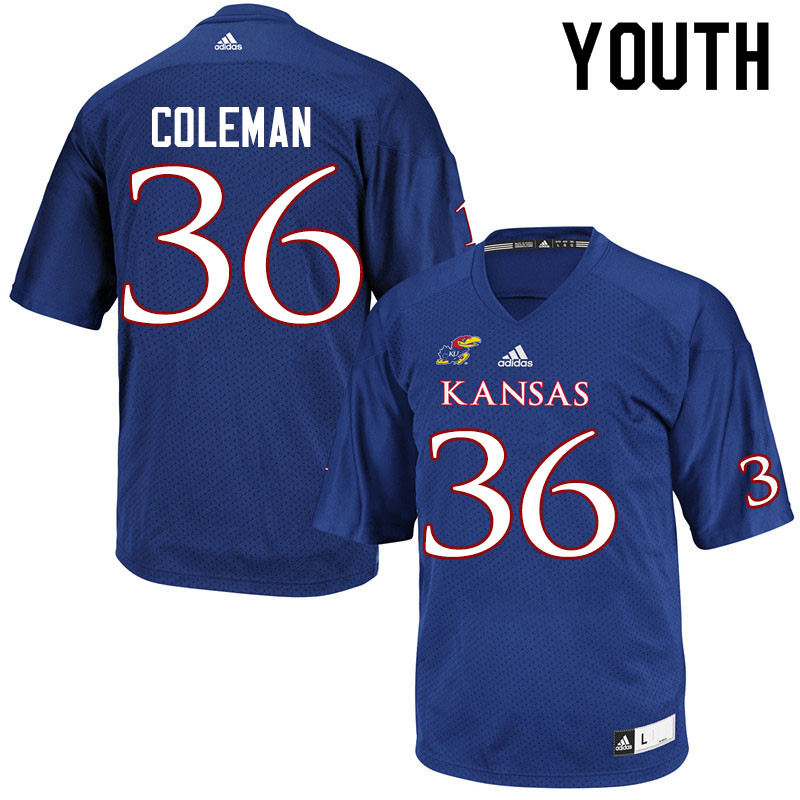 Youth #36 Bryce Coleman Kansas Jayhawks College Football Jerseys Sale-Royal - Click Image to Close